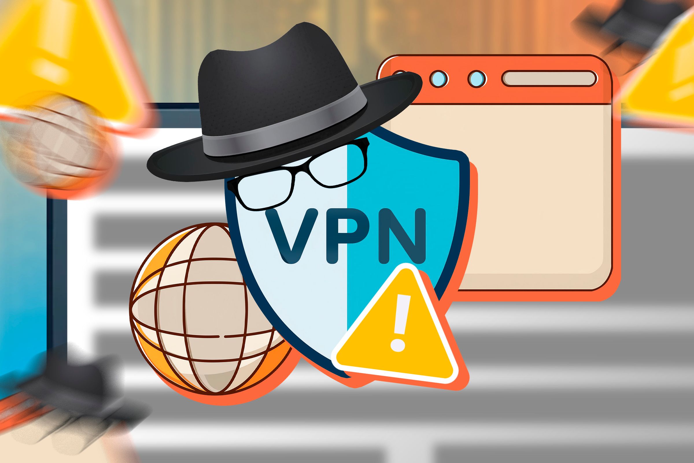 Иллюстрация иконки VPN, чёрная шляпа и очки, браузер и знак предупреждения.