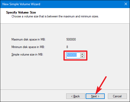 Мастер создания тома — выбор размера
