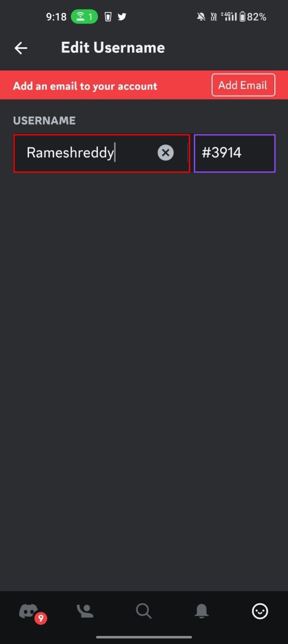 Экран редактирования username в мобильном приложении Discord