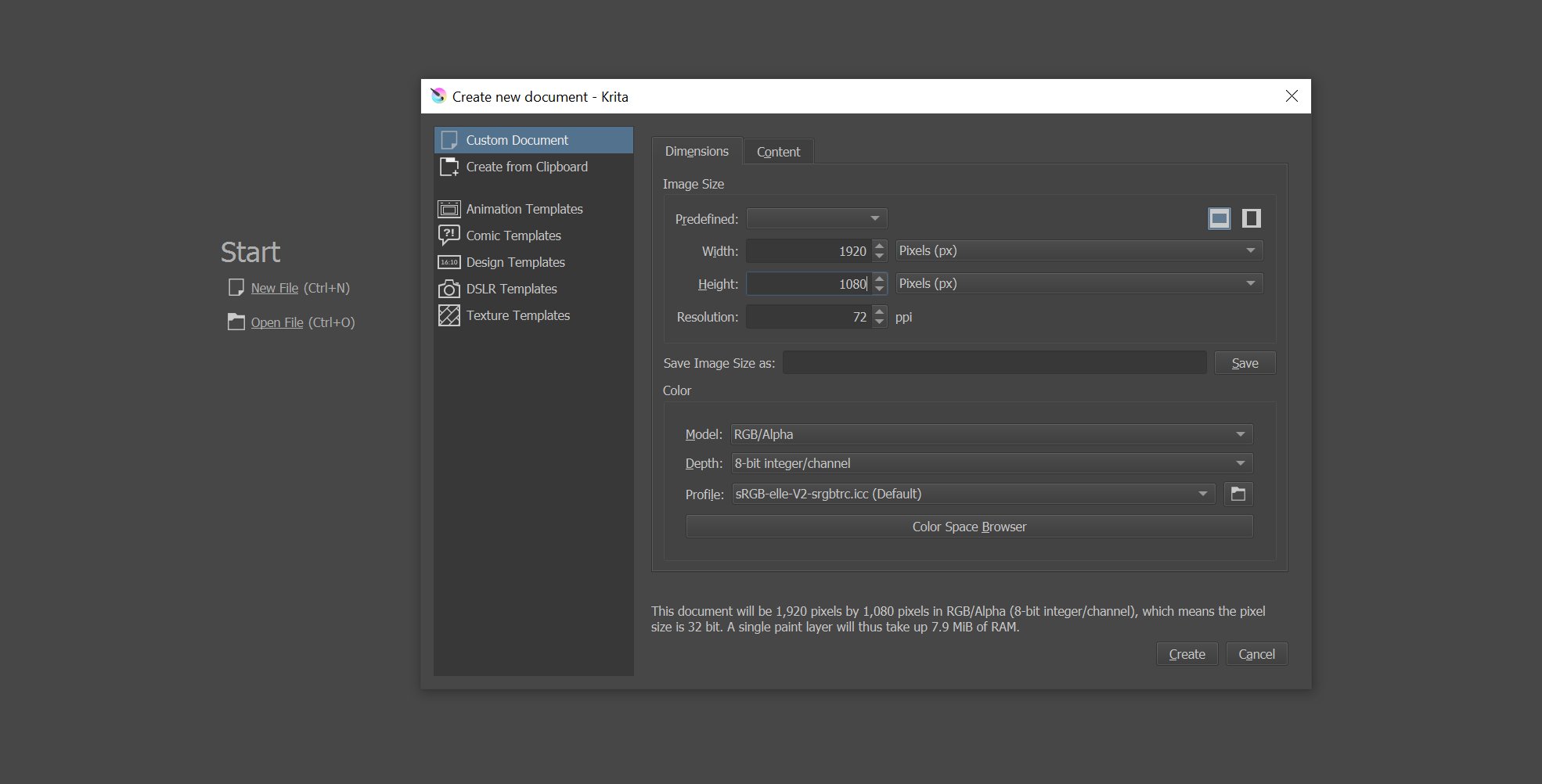 Окно создания нового проекта в Krita с настройками холста
