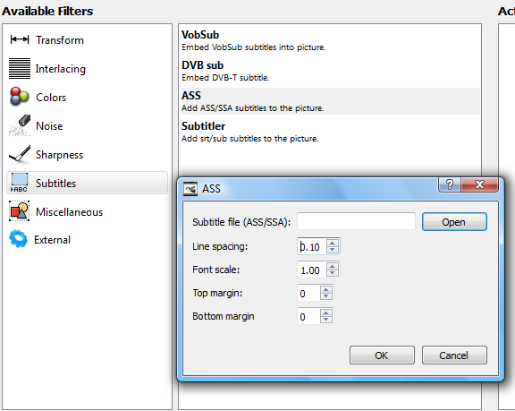 Окно выбора файла субтитров в фильтре SSA