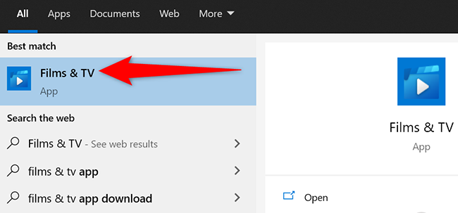 Выберите «Фильмы и ТВ» в меню «Пуск» Windows 10