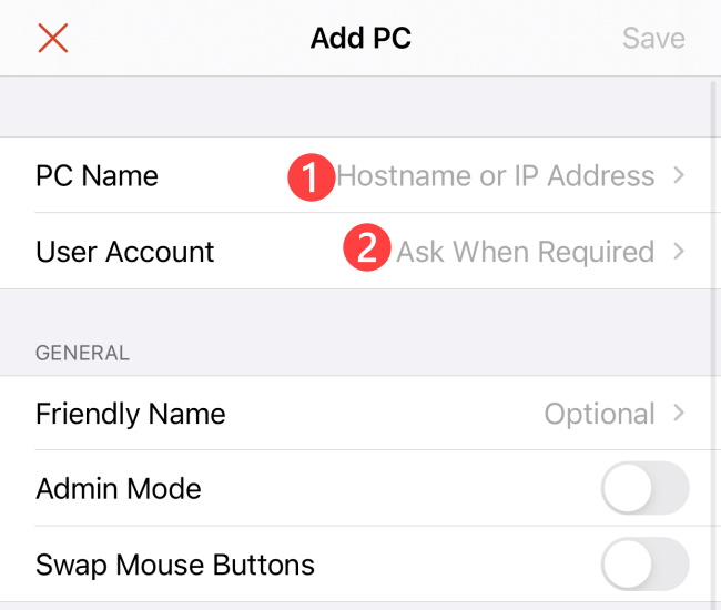 Форма добавления имени ПК и данных учётной записи в приложении Remote Desktop.