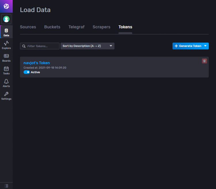 Список токенов InfluxDB