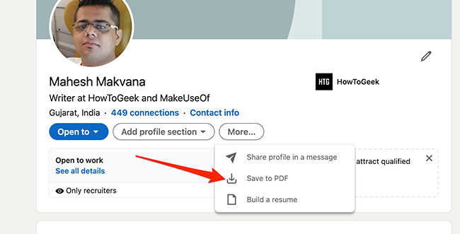 Выберите «Сохранить в PDF» на странице профиля LinkedIn