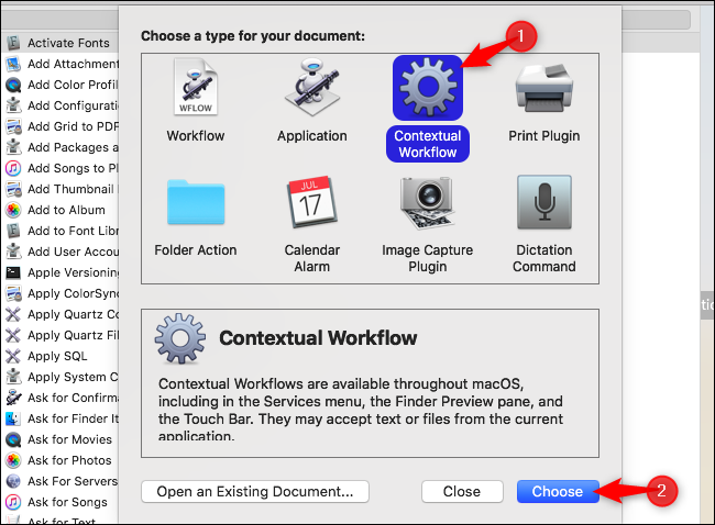 Список доступных шаблонов сценариев в Automator