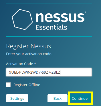 Форма для ввода кода активации Nessus