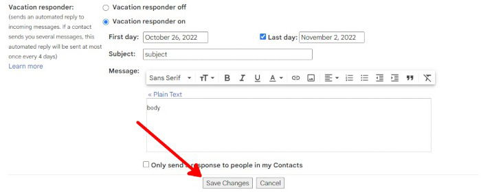 Vacation Responder Save Changes