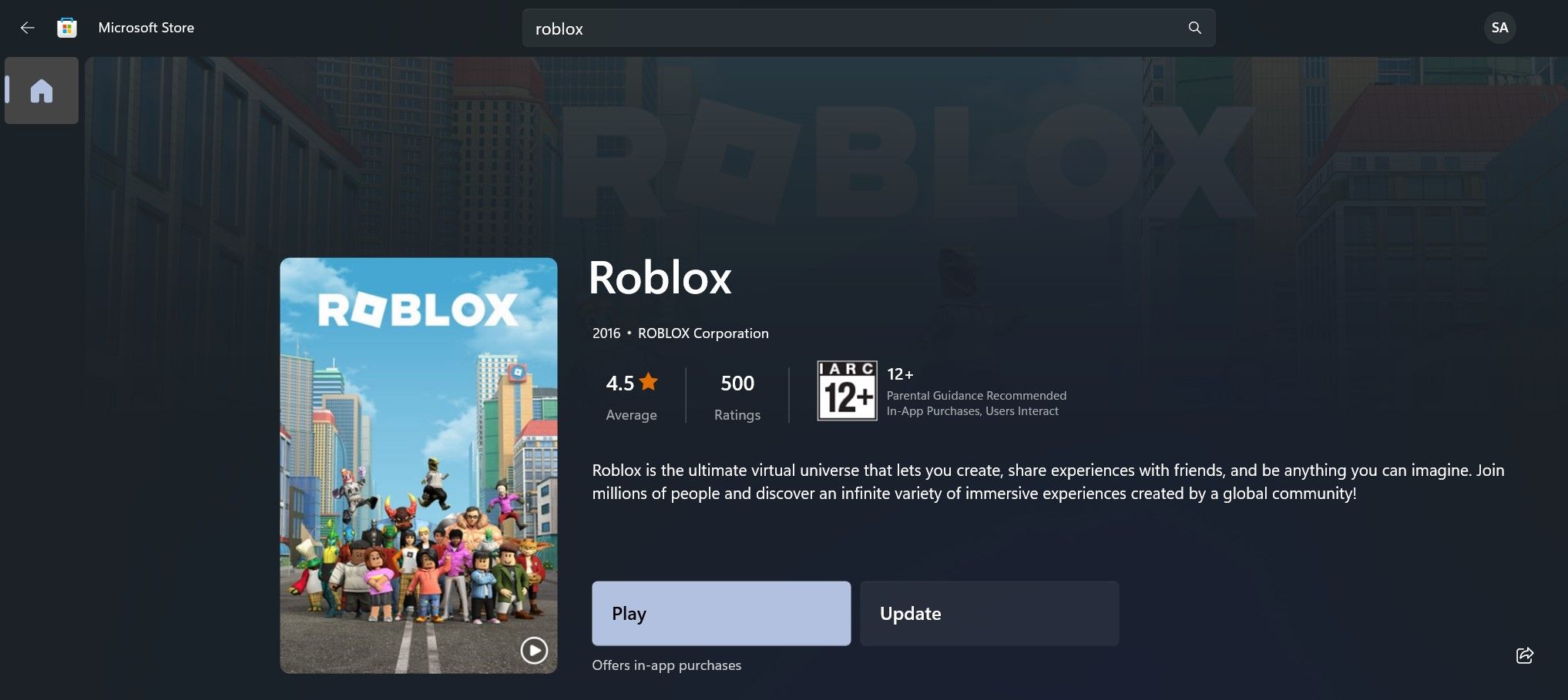 Список приложения Roblox в Microsoft Store для Windows