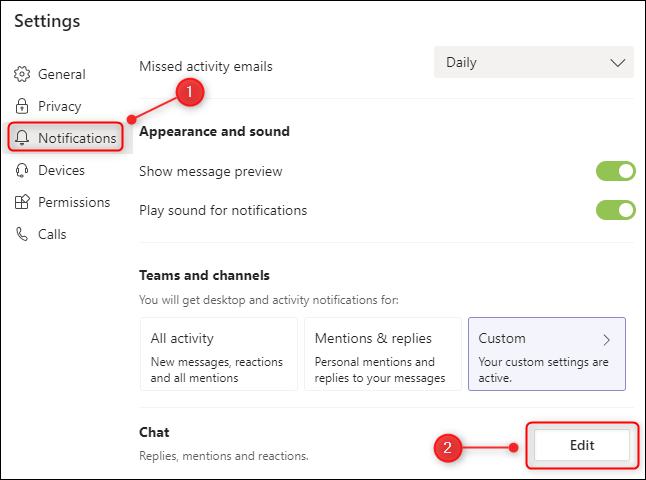 Кнопка «Изменить» в настройках уведомлений Teams