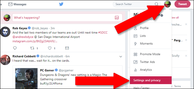 Меню профиля с пунктом Settings and Privacy