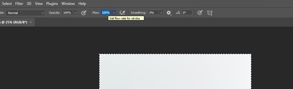 Шаг 3: Непрозрачность и Flow 100% в Photoshop