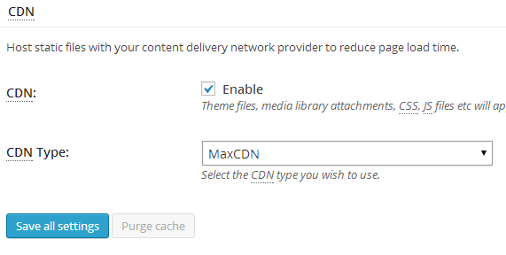 Включение CDN в General Settings плагина W3 Total Cache