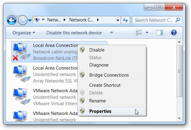 Контекстное меню адаптера с пунктом «Свойства»