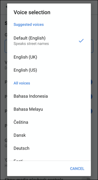 Выберите новый голос в меню Выбор голоса Google Maps