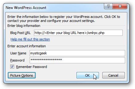 Ввод данных аккаунта блога