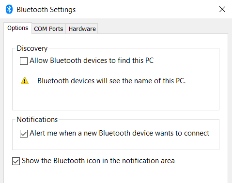 Окно дополнительных настроек Bluetooth в Windows 10