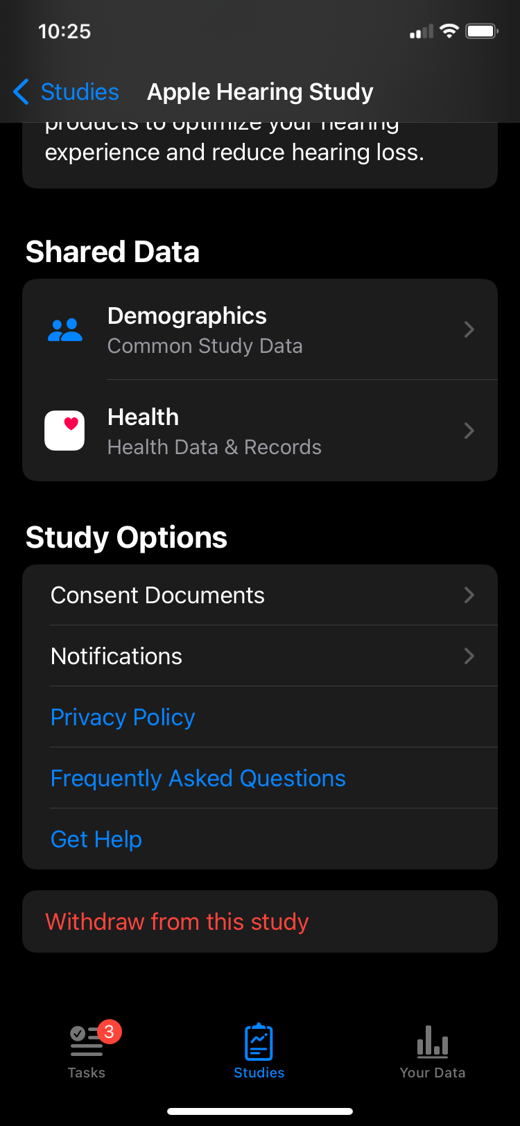 Информация о исследовании в приложении Apple Research