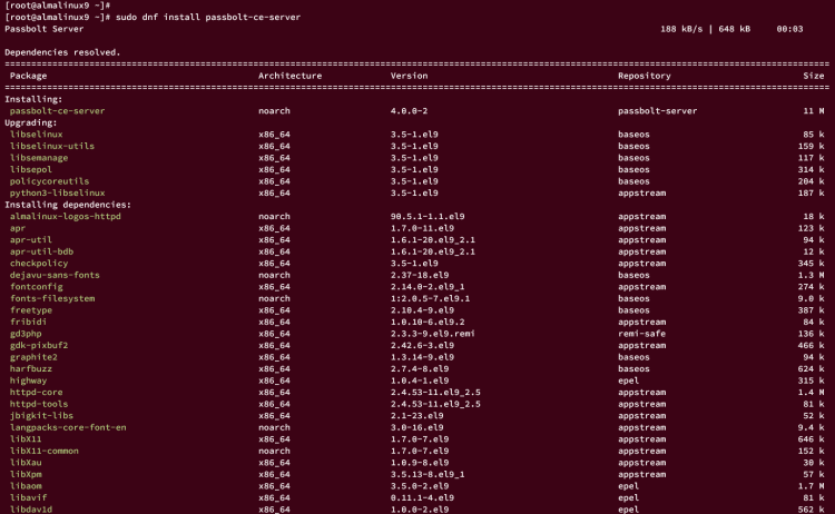 Процесс установки пакета passbolt-ce-server в терминале