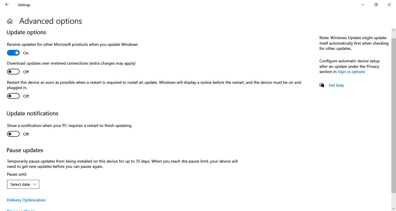Дополнительные параметры Windows Update