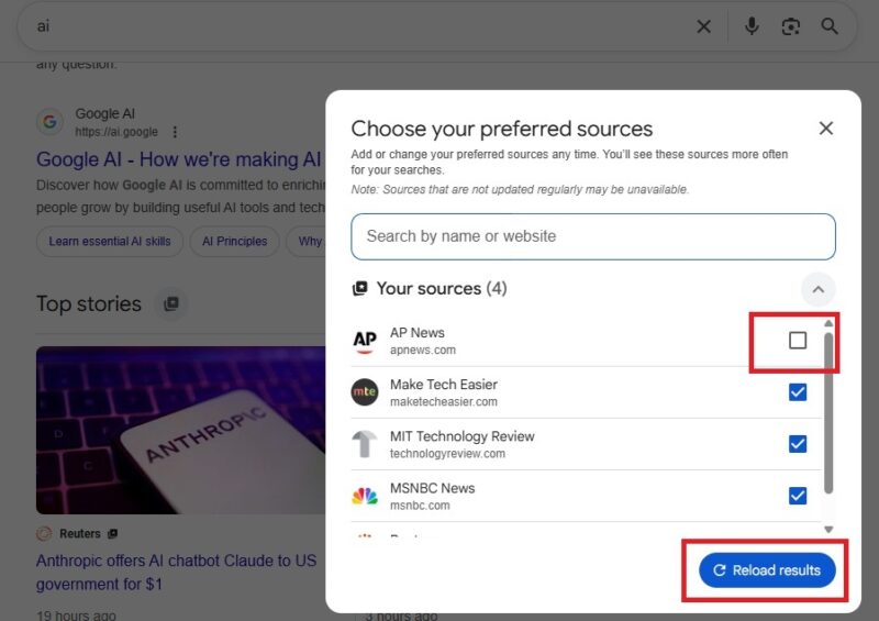 Eliminare una fonte dalle fonti preferite in Google Search.