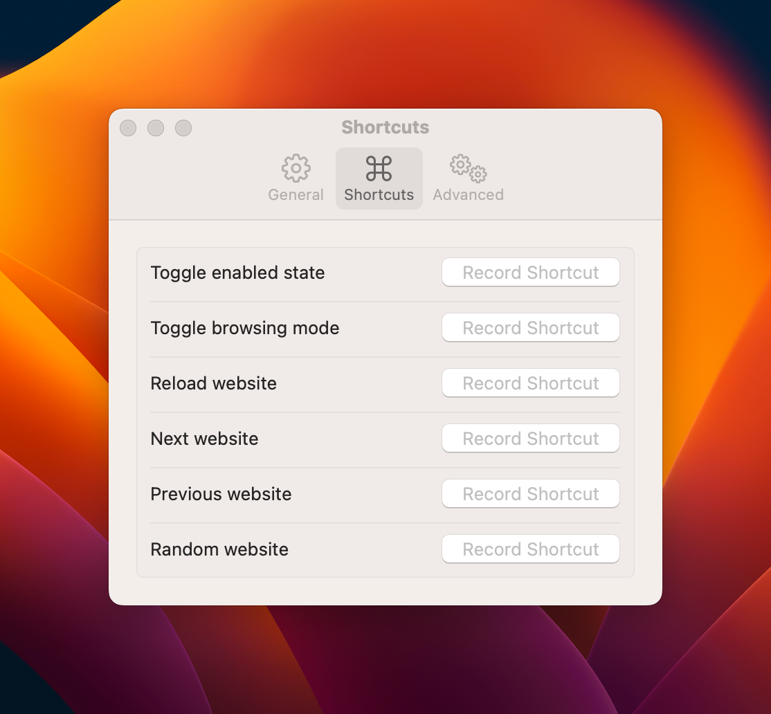 Окно настроек ярлыков Plash. Список горячих клавиш и переключателей.