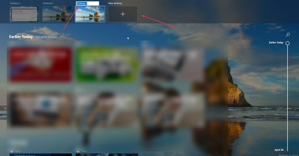 Представление виртуальных рабочих столов в Windows с кнопкой добавления и переименования