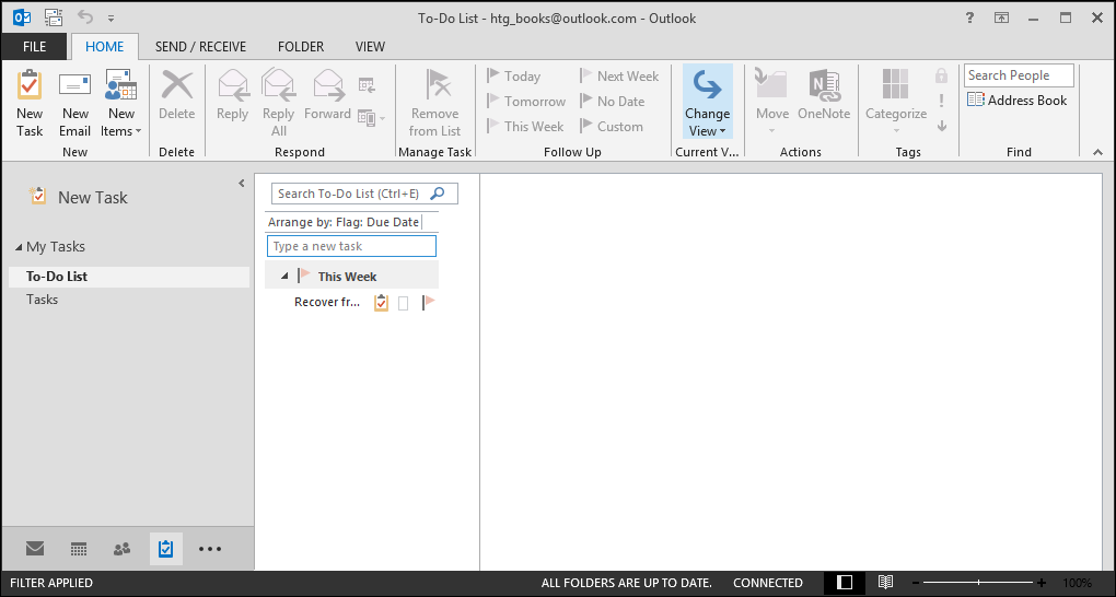 Пустое представление «Задачи» в Outlook 2013 с панелью папок слева