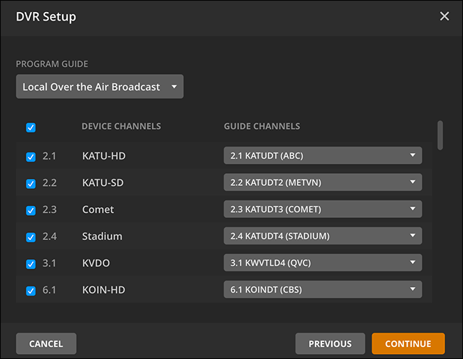 Выбор каналов в путеводителе Plex