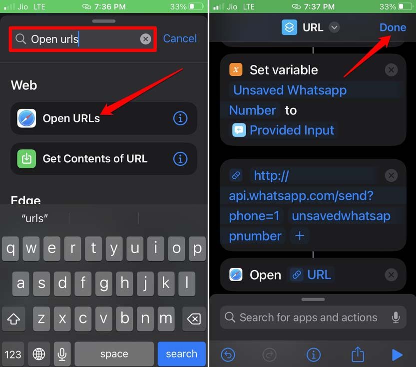 Добавление действия 'Открыть URL' в shortcut