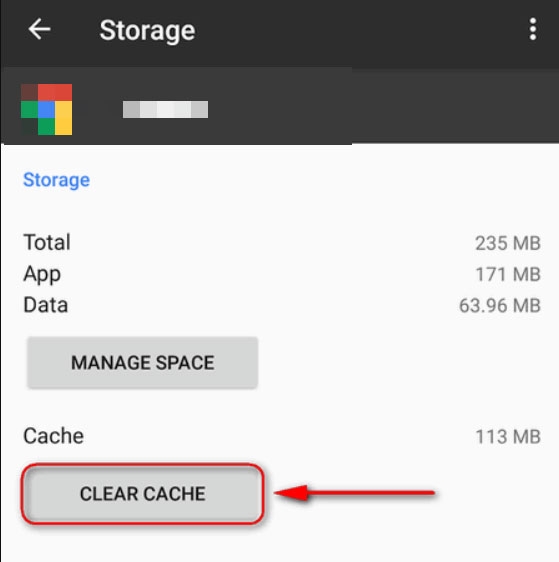 Экран очистки кэша приложения на Android