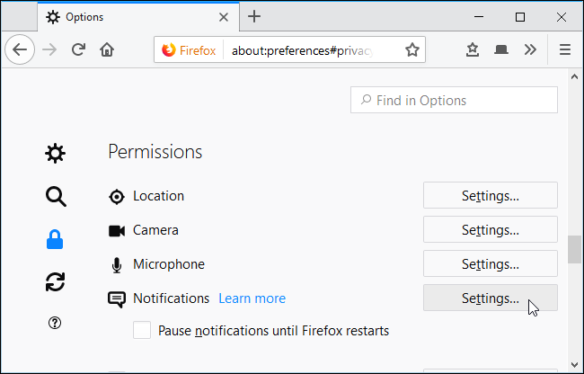 Настройки уведомлений в Firefox