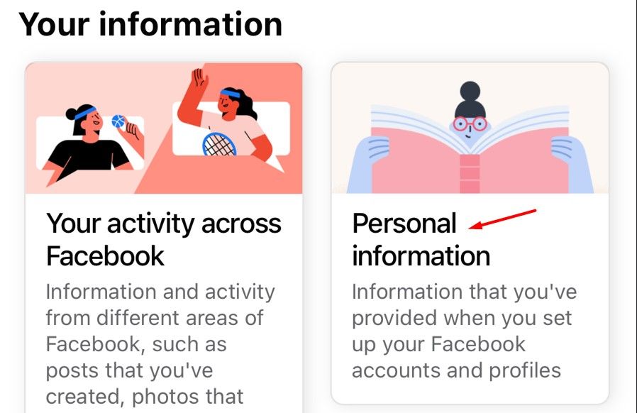 Плитка «Личные данные» в разделе «Ваша информация» Facebook.