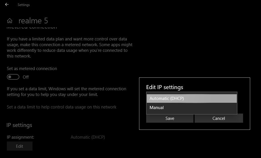 Изменение IP-настроек с Автоматических на Вручную в настройках Windows