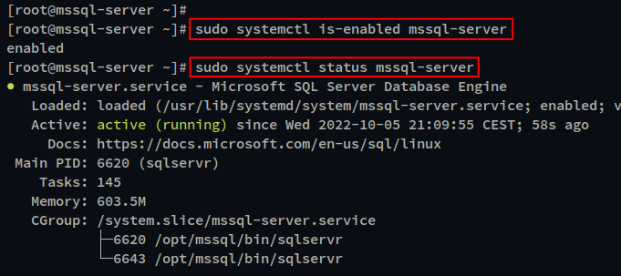 Скриншот: проверка статуса службы mssql-server