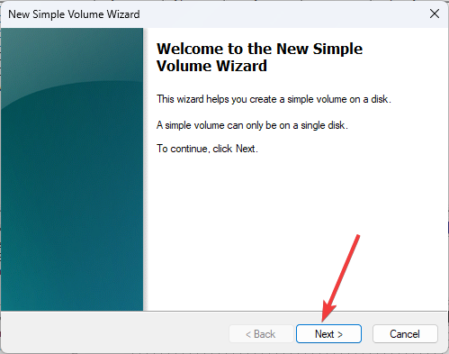 Кнопка Далее в мастере тома