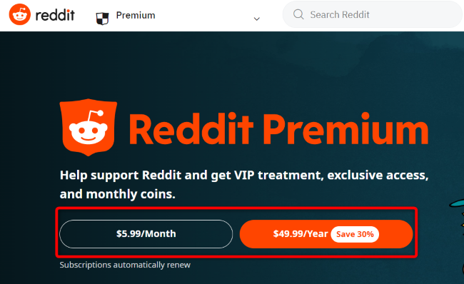 Страница Reddit Premium с описанием преимуществ.