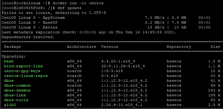 Обновление пакетов внутри контейнера CentOS