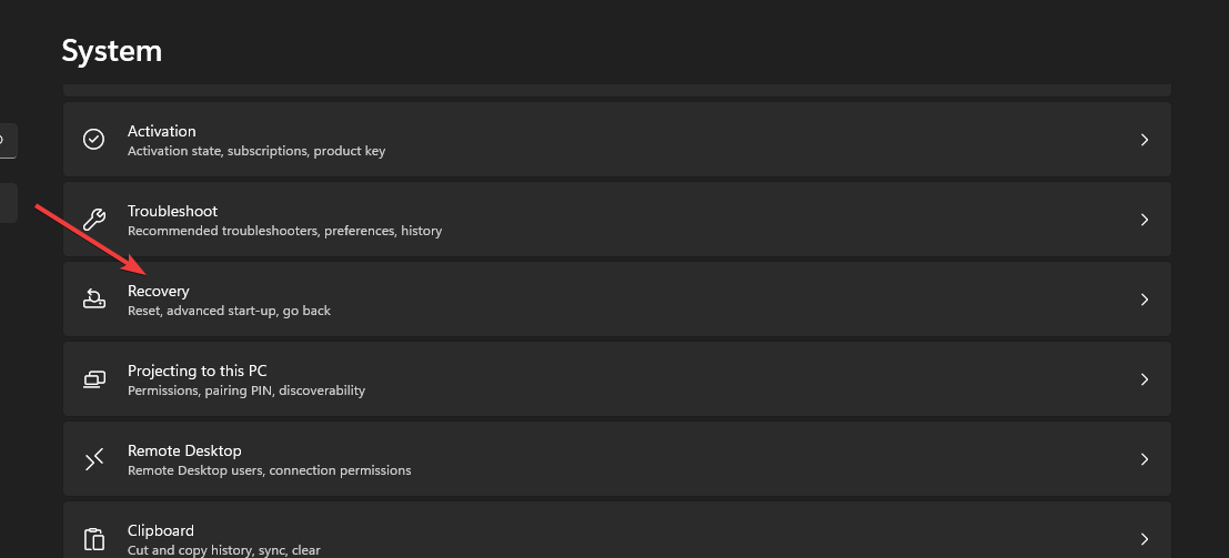 Раздел Восстановление в Параметрах Windows