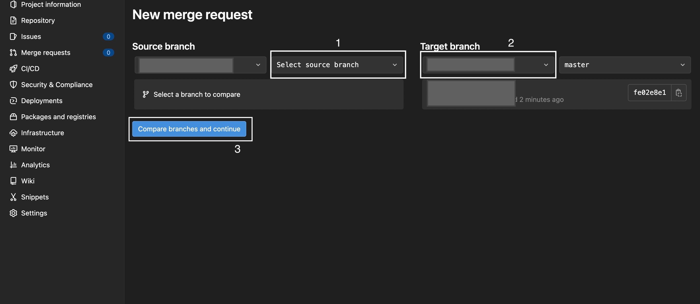 Форма merge request с выбором source и target веток