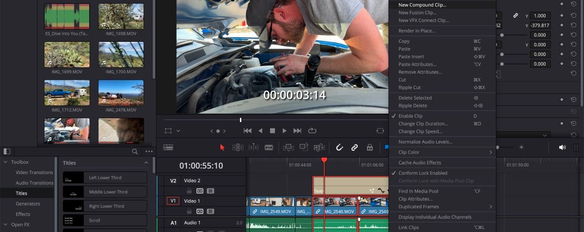 Создан новый Compound Clip на таймлайне DaVinci Resolve