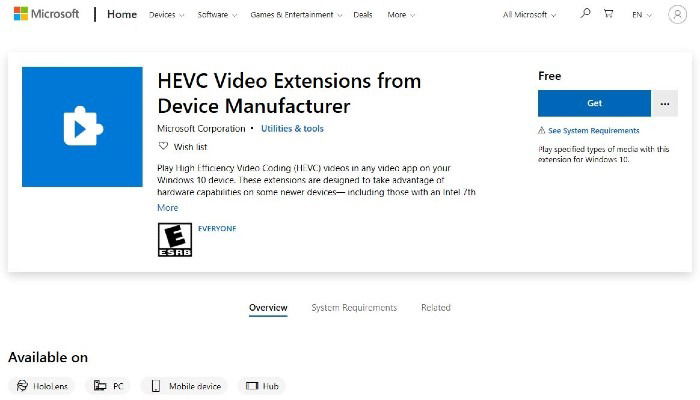 Бесплатное расширение HEVC от производителя устройств в Microsoft Store