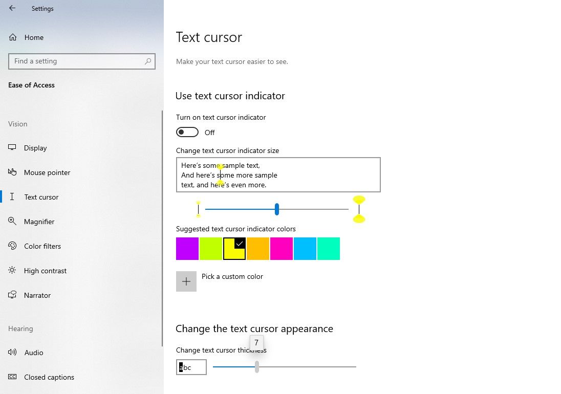 настройка текстового курсора в параметрах Windows