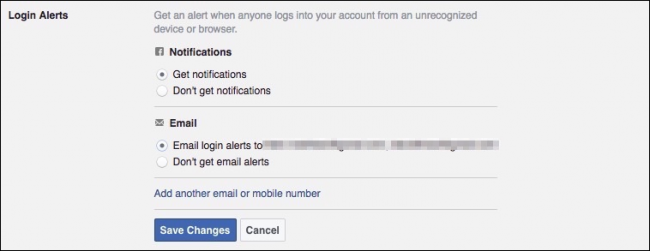 Настройки оповещений о входе Facebook