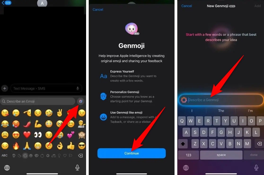 Пример сгенерированного Genmoji: динозавр в пачке на серфборде