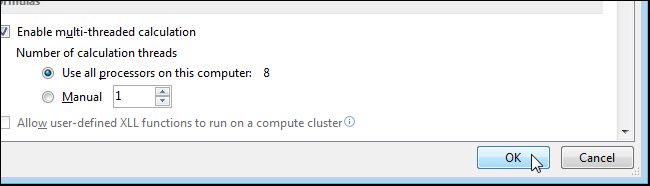 Кнопка «ОК» в диалоге Параметры Excel
