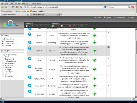 Активация и запуск плагина dhcpd в OpenQRM