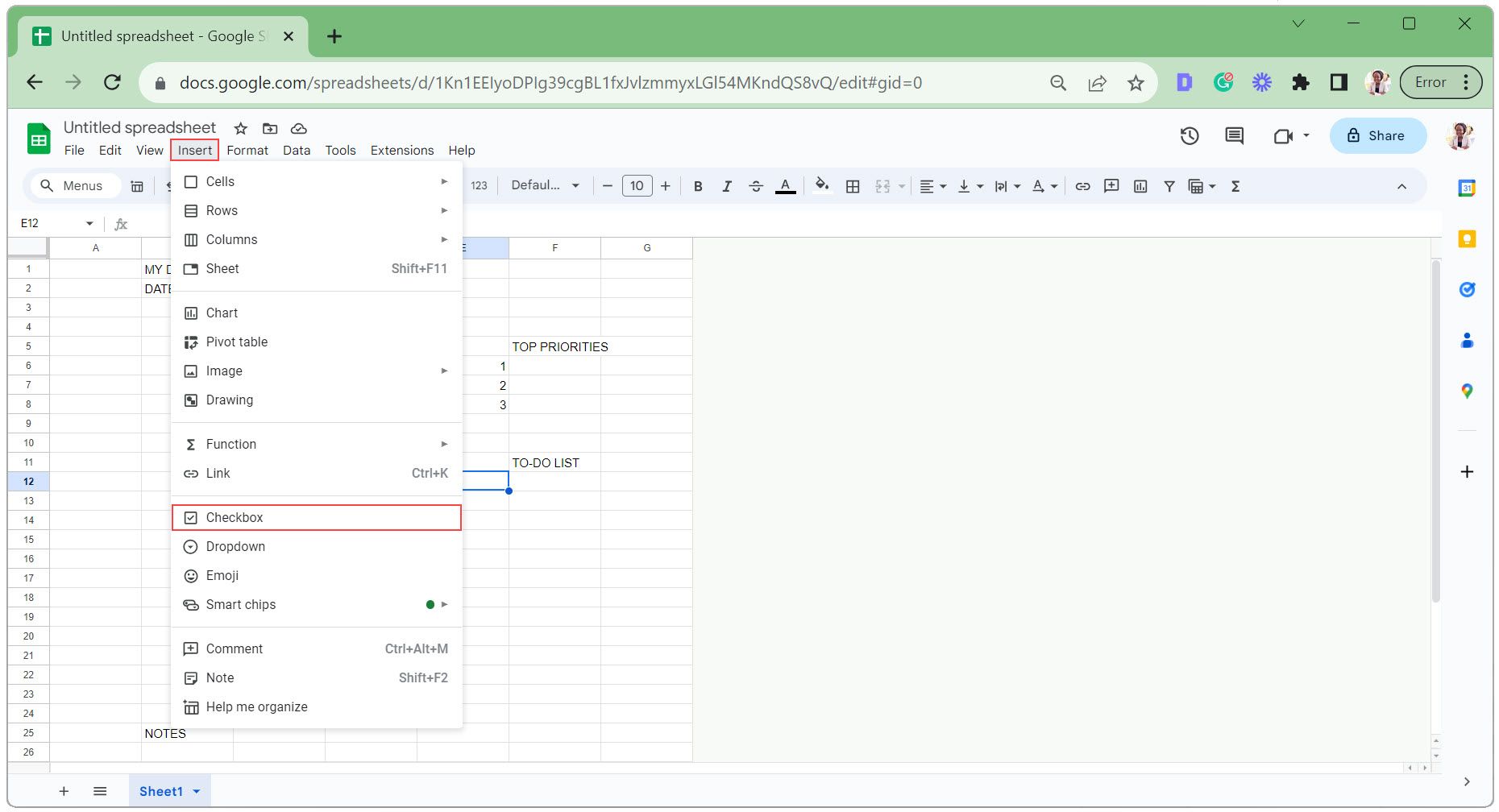 Вставить первый чекбокс в ежедневнике Google Sheets