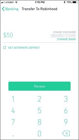 Экран перевода средств в Robinhood — ввод суммы и кнопка Review