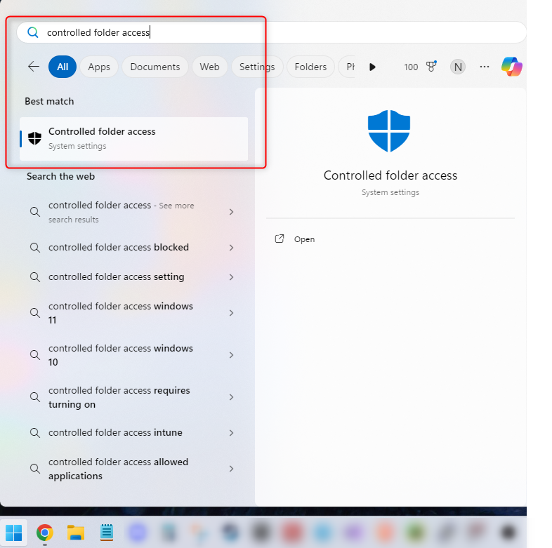 Поиск в Windows 'controlled folder access' в поле поиска